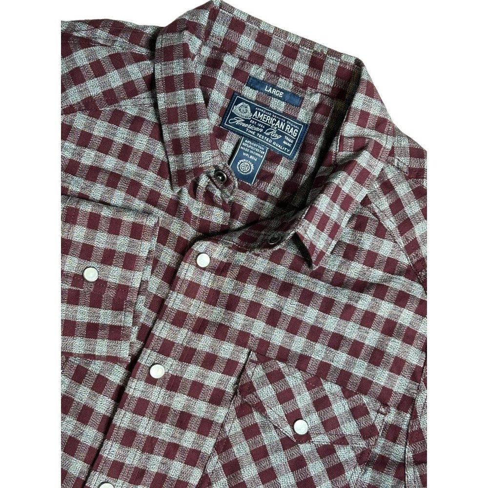 American Rag Mens Snap Long Sleeve Red and Gray Check Size Large